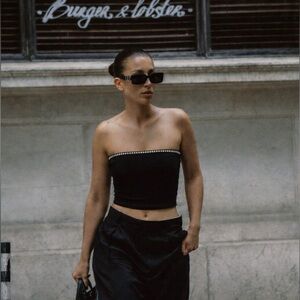 ZARA Black Ribbed Strapless Tube Top Rhinestone Trim Cropped